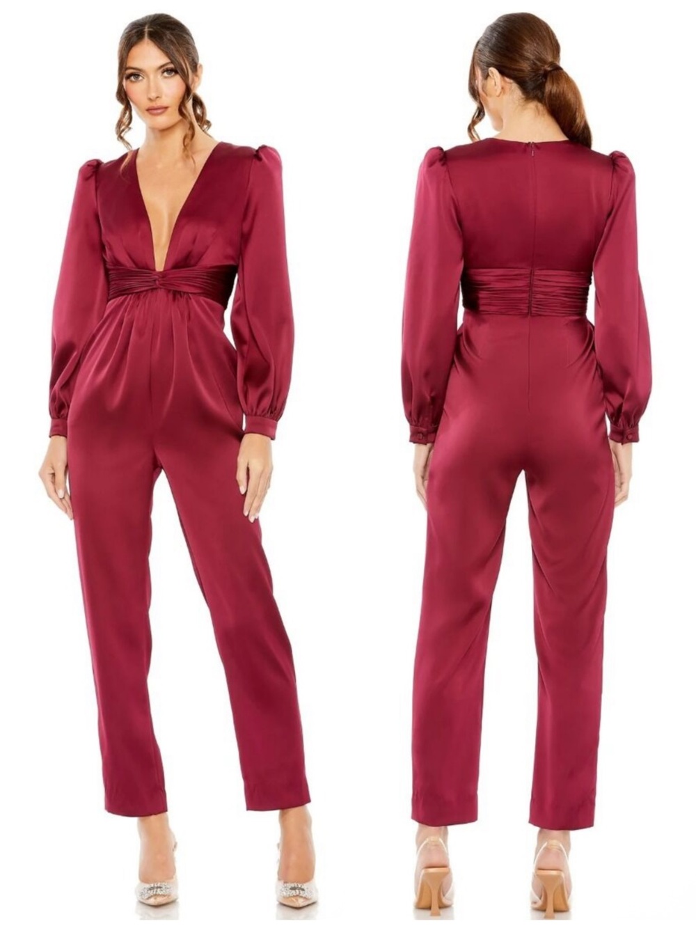 Mac Duggal Ruby Satin Plunging V-Neck Long-Sleeve Jumpsuit A2647 NWT $358
